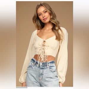 Lulu's Cream Lace-Up Long Sleeve Blouse.